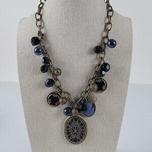 Vtg. Necklace With Black Glass Bead And Cameo Charm Brass Rolo Chain 24"